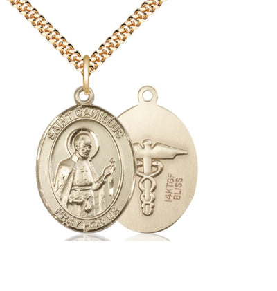 Large St Camillus of Lellis with Nurse Symbol Gold-filled Medal with Plated Chain, Bliss Manufacturing