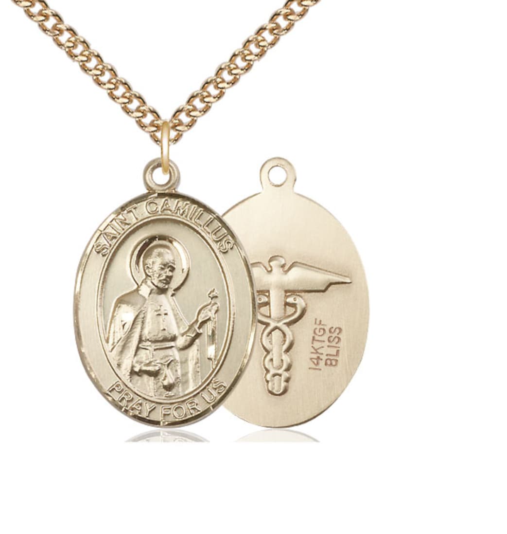 Bliss Large St Camillus of Lellis with Nurse Symbol Gold-filled Medal with Gold-filled Chain,