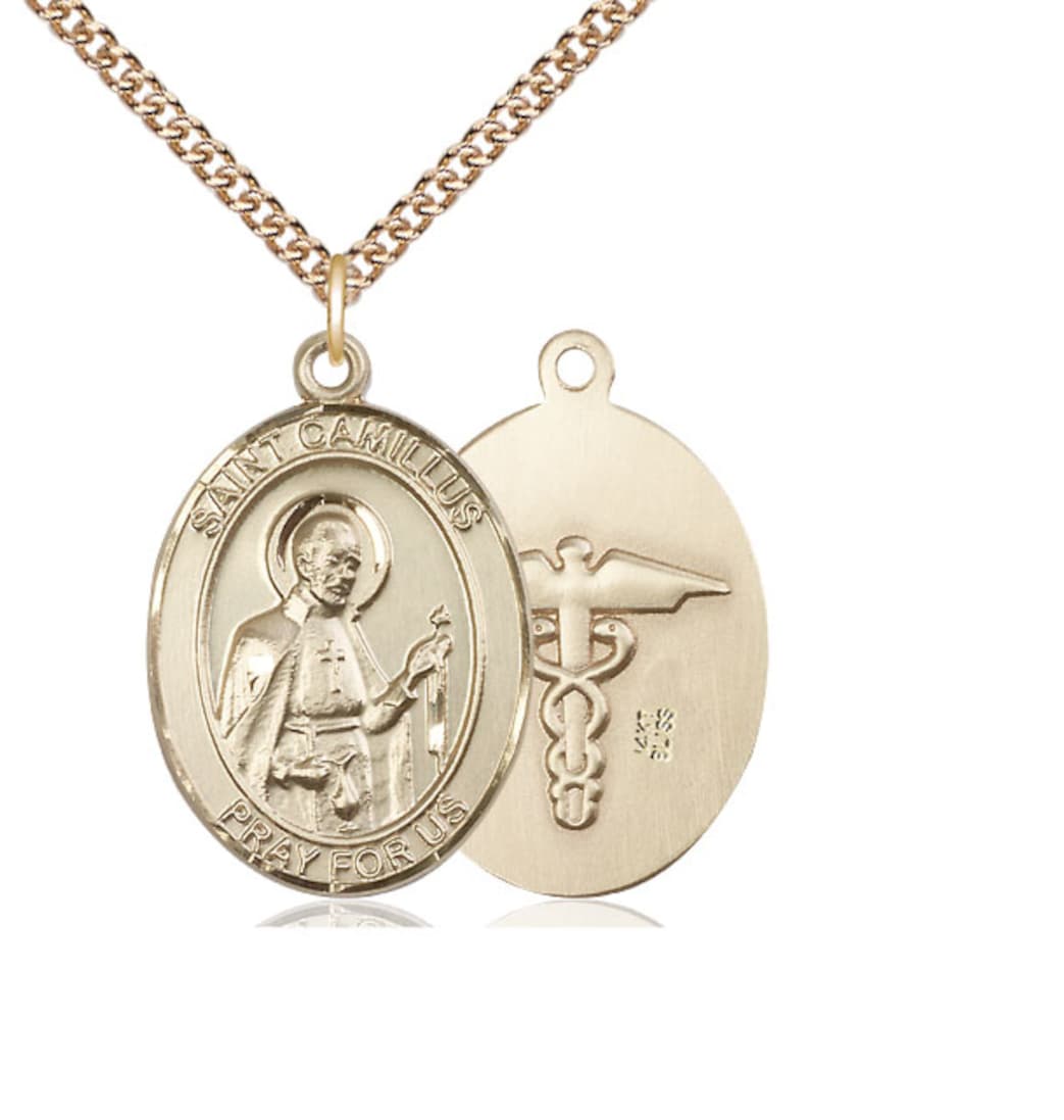 Bliss St Camillus of Lellis/Nurse Symbol on Back 14kt Gold Large Medal with 14kt Gold Chain,