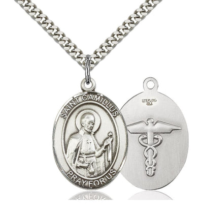 St Camillus of Lellis with Nurse Symbol Large Sterling Silver Medal with Plated Chain, Bliss Manufacturing