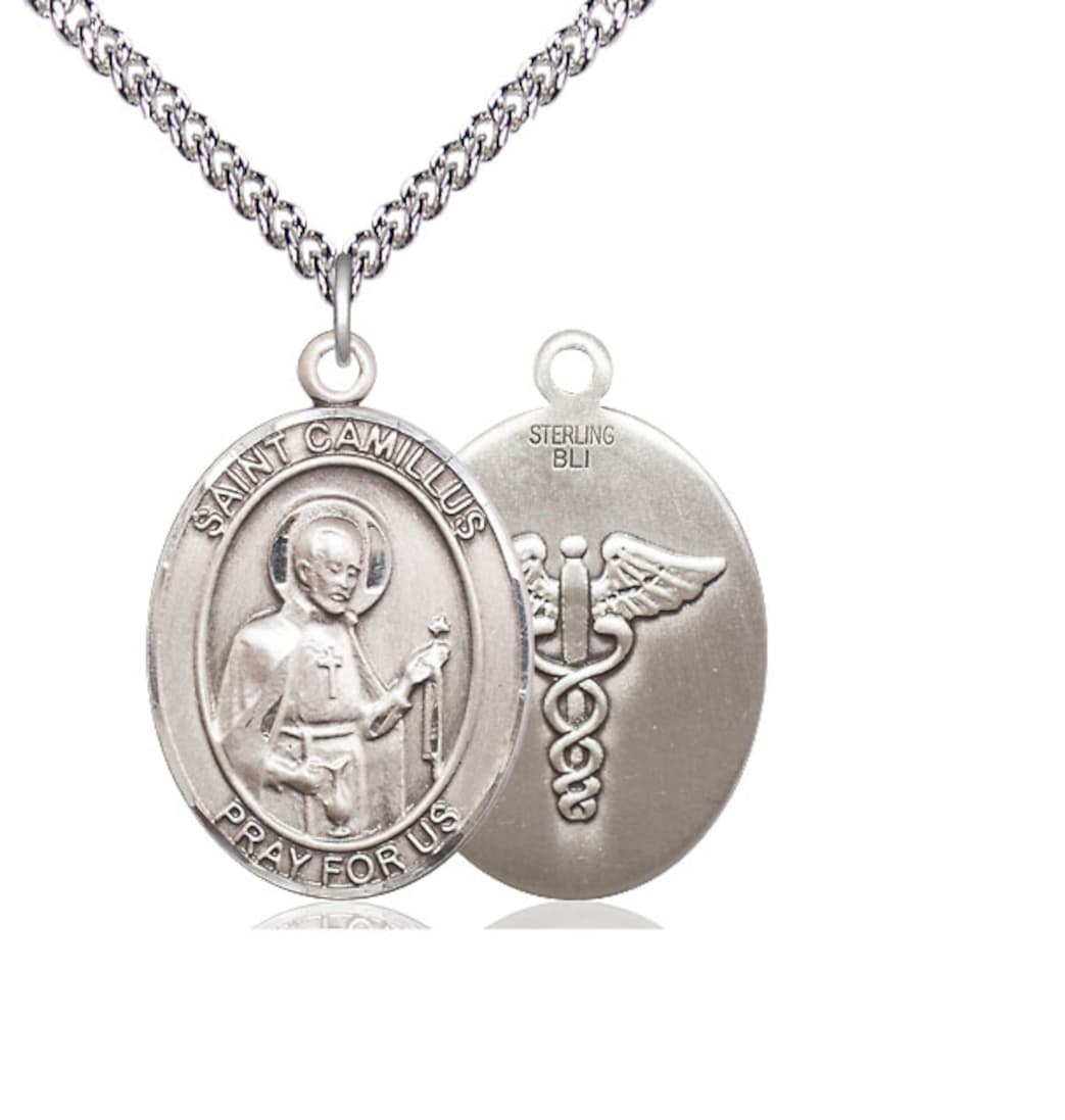 Bliss St Camillus of Lellis with Nurse Symbol Large Sterling Silver Medal with Sterling Silver Chain,