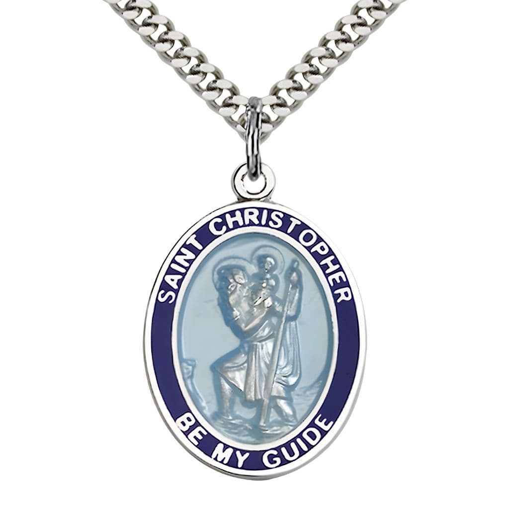 Bliss St. Christopher Sterling Silver Blue Epoxy Oval Medal with Plated Chain, Measures 1-inch tall by 3/4-inch wide.