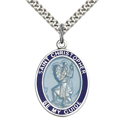 St. Christopher Sterling Silver Blue Epoxy Oval Medal with Plated Chain, Measures 1-inch tall by 3/4-inch wide, Bliss Manufacturing