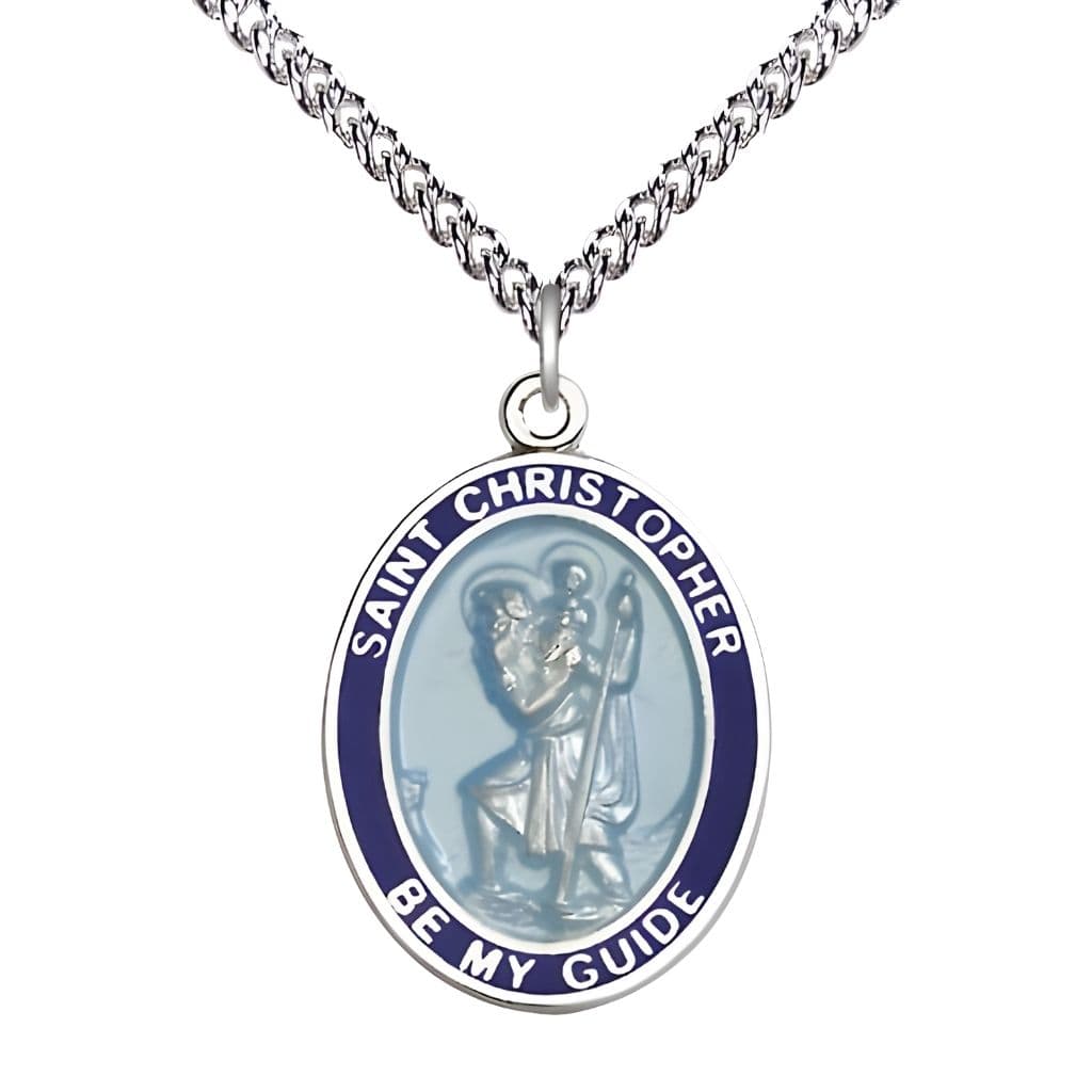 Bliss St. Christopher Sterling Silver Blue Epoxy Oval Medal with Sterling Silver Chain, Measures 1-inch tall by 3/4-inch wide.