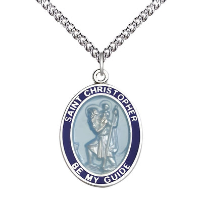 St. Christopher Sterling Silver Blue Epoxy Oval Medal with Sterling Silver Chain, Measures 1-inch tall by 3/4-inch wide, Bliss Manufacturing