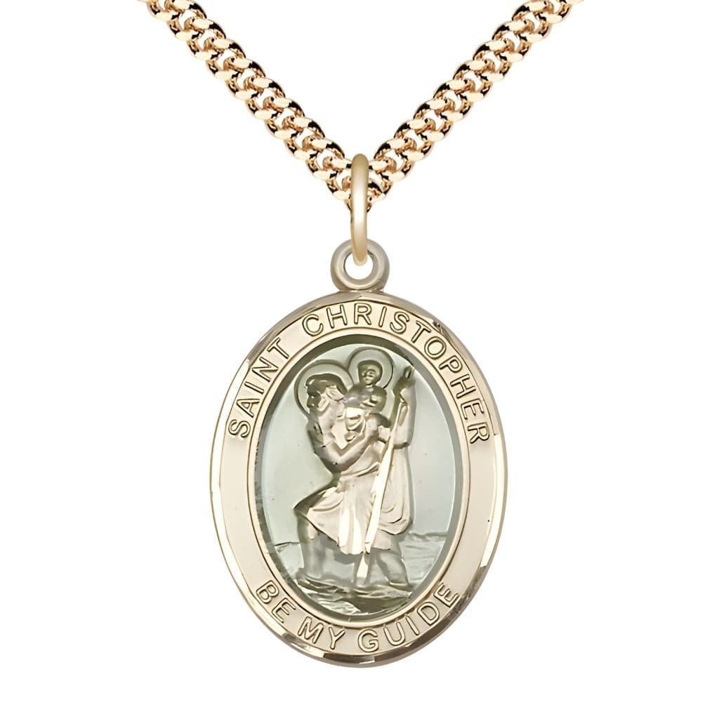 Bliss St. Christopher Gold-filled Oval Blue Epoxy Medal with Gold-plated Chain, Measures 1-inch tall by 3/4-inch wide.