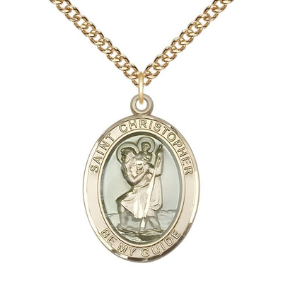 St. Christopher Gold-filled Oval Blue Epoxy Medal with Gold-filled Chain, Measures 1-inch tall by 3/4-inch wide, Bliss Manufacturing