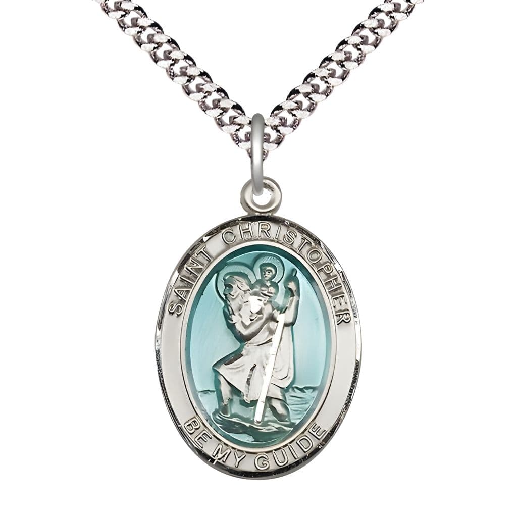 Bliss Blue Epoxy St. Christopher Pewter Oval Medal Pendant with Rhodium-plated Chain, Measures 1-inch tall by 3/4-inch wide.
