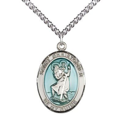 St. Christopher Sterling Silver Oval Blue Epoxy Medal with Sterling Chain, Measures 1-inch tall by 3/4-inch wide, Bliss Manufacturing