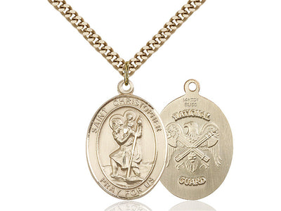 St. Christopher & National Guard Catholic Saint Oval Medal, gold-filled, Bliss Manufacturing