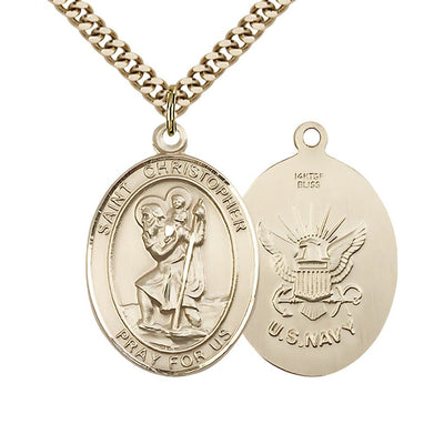 St, Christopher and U.S. Navy Emblem 14kt Gold-filled Medal with Plated Chain, 1-inch, Bliss Manufacturing