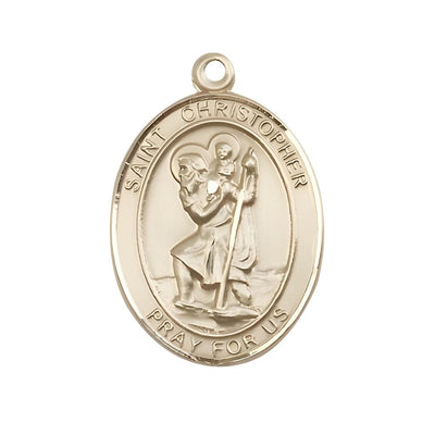 St. Christopher 14kt Gold Oval Medal Pendant, Measures 1-inch tall by 3/4-inch wide, Bliss Manufacturing