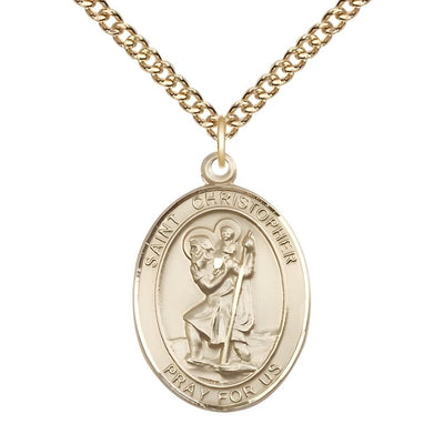St. Christopher 14kt Gold Oval Medal Pendant with 14kt Gold Chain, Measures 1-inch tall by 3/4-inch wide, Bliss Manufacturing