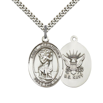 St, Christopher and U.S. Navy Emblem Pewter Medal with Plated Chain, 1-inch, Bliss Manufacturing