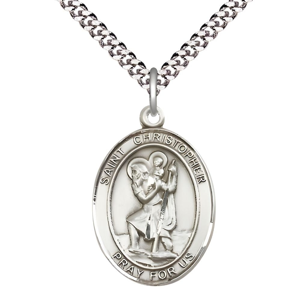 Bliss St. Christopher Pewter Oval Medal Pendant with Rhodium-plated Chain, Measures 1-inch tall by 3/4-inch wide.
