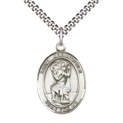 St. Christopher Pewter Oval Medal Pendant with Rhodium-plated Chain, Measures 1-inch tall by 3/4-inch wide, Bliss Manufacturing