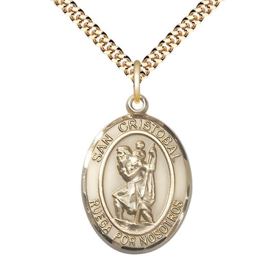 Spanish San Cristobal Gold-filled Oval Engravable Medal Pendant with Gold-plated Chain, Measures 1-inch tall by 3/4-inch wide, Bliss Manufacturing