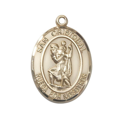 Spanish San Cristobal 14kt Gold Oval Engravable Medal Pendant, Measures 1-inch tall by 3/4-inch wide, Bliss Manufacturing
