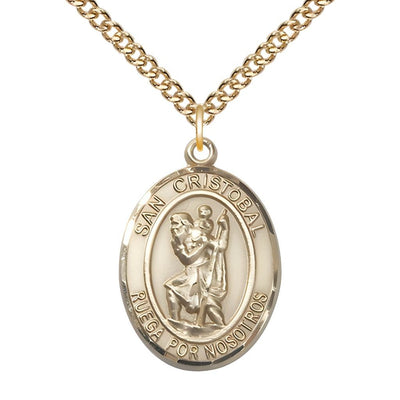 Spanish San Cristobal 14kt Gold Oval Engravable Medal Pendant with Gold-plated Chain, Measures 1-inch tall by 3/4-inch wide, Bliss Manufacturing