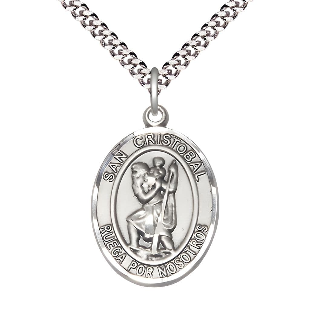 Bliss Spanish San Cristobal Pewter Oval Engravable Medal Pendant with Rhodium-plated Chain, Measures 1-inch tall by 3/4-inch wide.