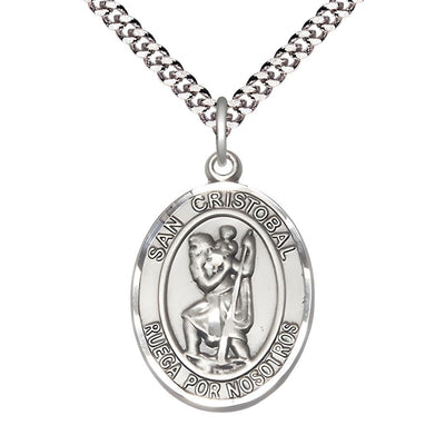 Spanish San Cristobal Pewter Oval Engravable Medal Pendant with Rhodium-plated Chain, Measures 1-inch tall by 3/4-inch wide, Bliss Manufacturing