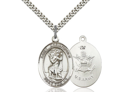 St. Christopher & Army Catholic Patron Saint Medal, sterling silver, Bliss Manufacturing