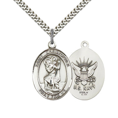 St, Christopher and U.S. Navy Emblem Sterling Silver Medal with Plated Chain, 1-inch, Bliss Manufacturing