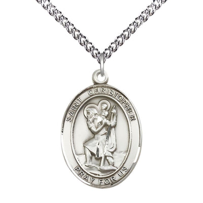 St. Christopher Sterling Silver Oval Medal Pendant with Sterling Silver Chain, Measures 1-inch tall by 3/4-inch wide, Bliss Manufacturing