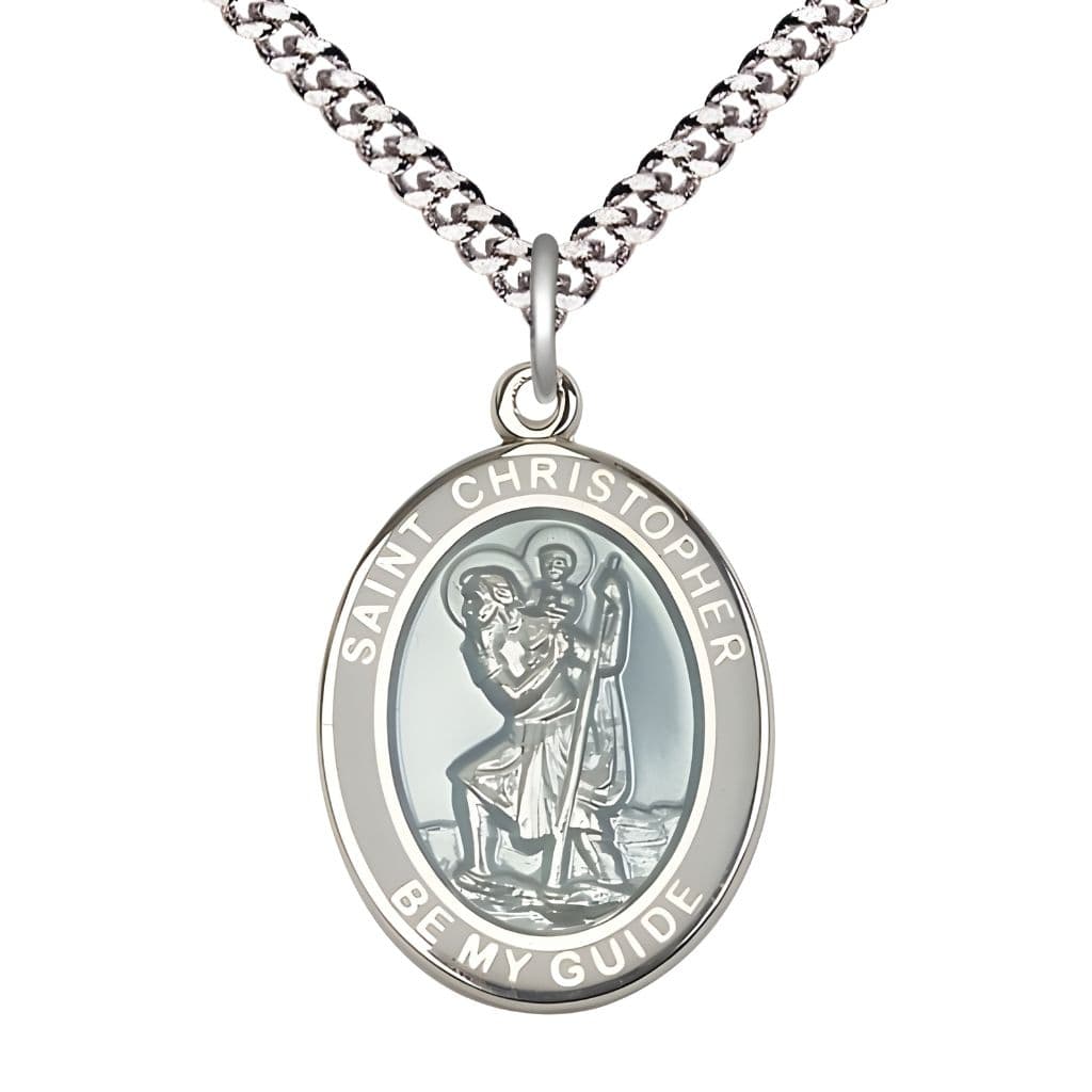 Bliss St. Christopher Sterling Silver White and Blue Epoxy Oval Medal with Plated Chain, Measures 1-inch tall by 3/4-inch wide.