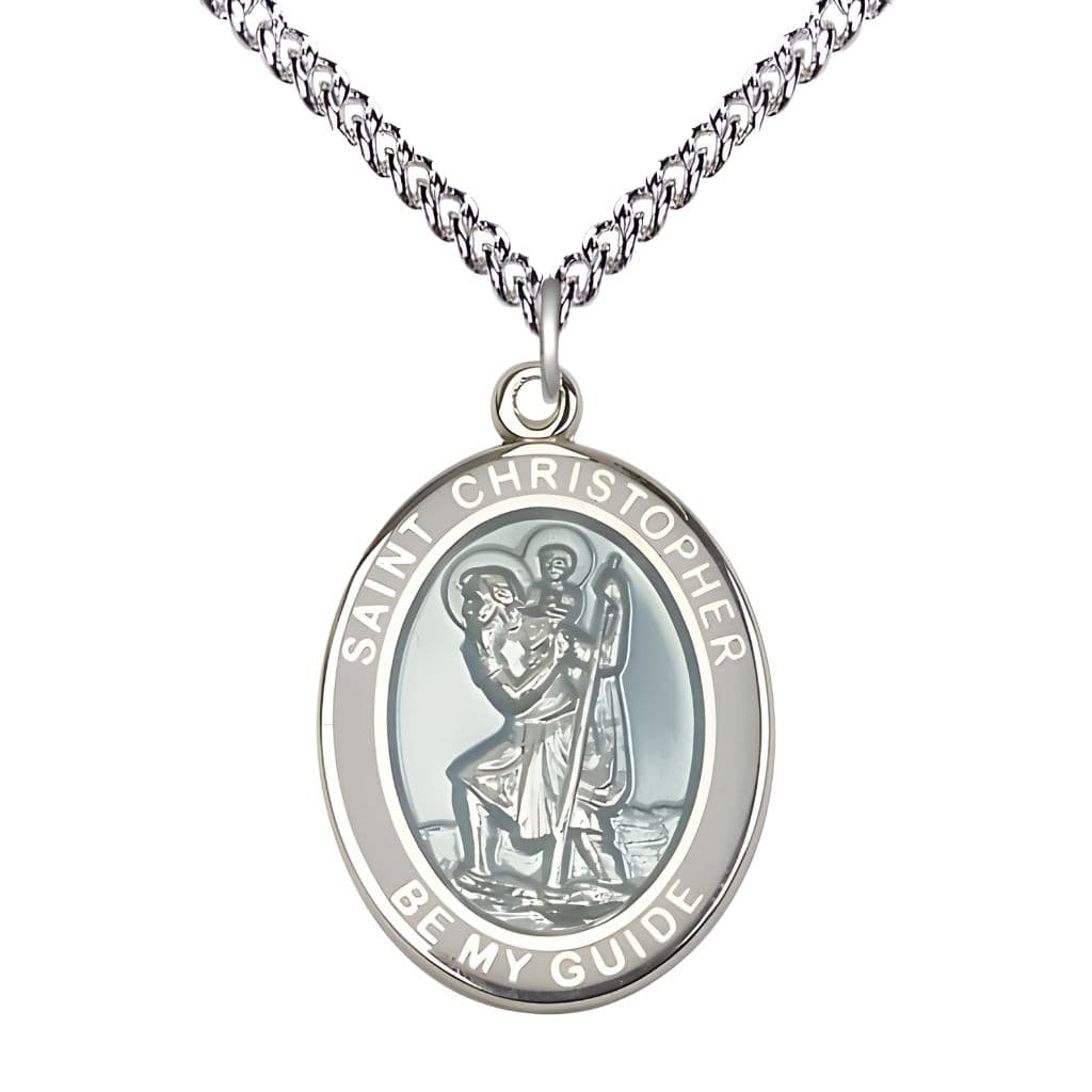 Bliss St. Christopher Sterling Silver White and Blue Epoxy Oval Medal with Sterling Chain, Measures 1-inch tall by 3/4-inch wide.