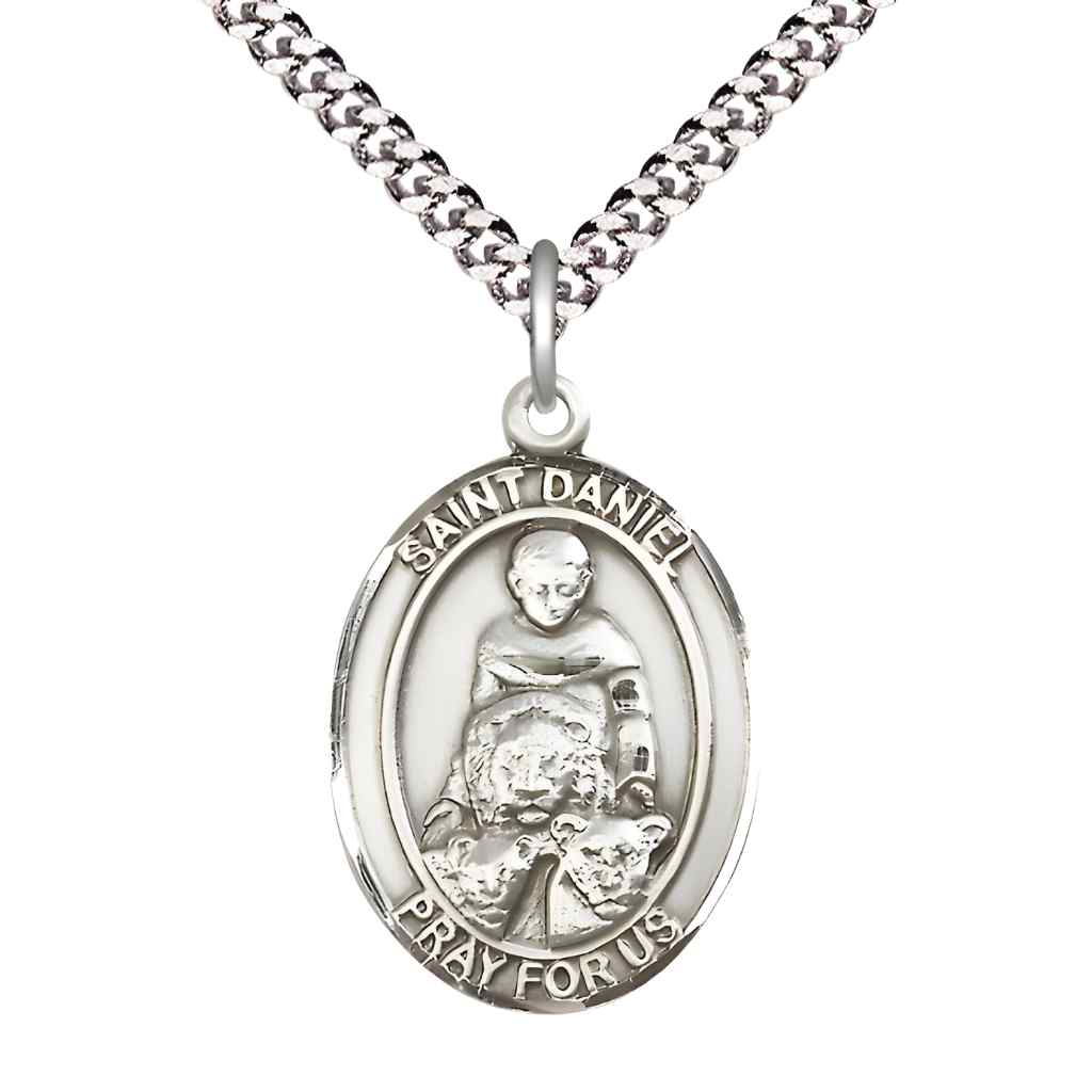 Large Saint Daniel Pewter Oval Medal Pendant with 24" Rhodium-plated Curb Chain in Deluxe Gift Box | Bliss Manufacturing