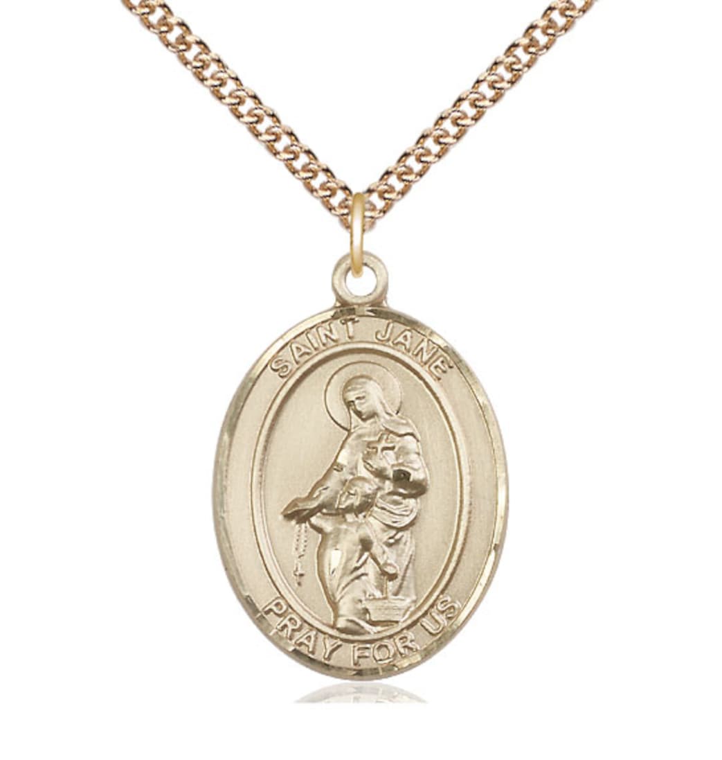 Bliss St Jane of Valois 14kt Gold Oval Large Medal with 14kt Gold Chain, 