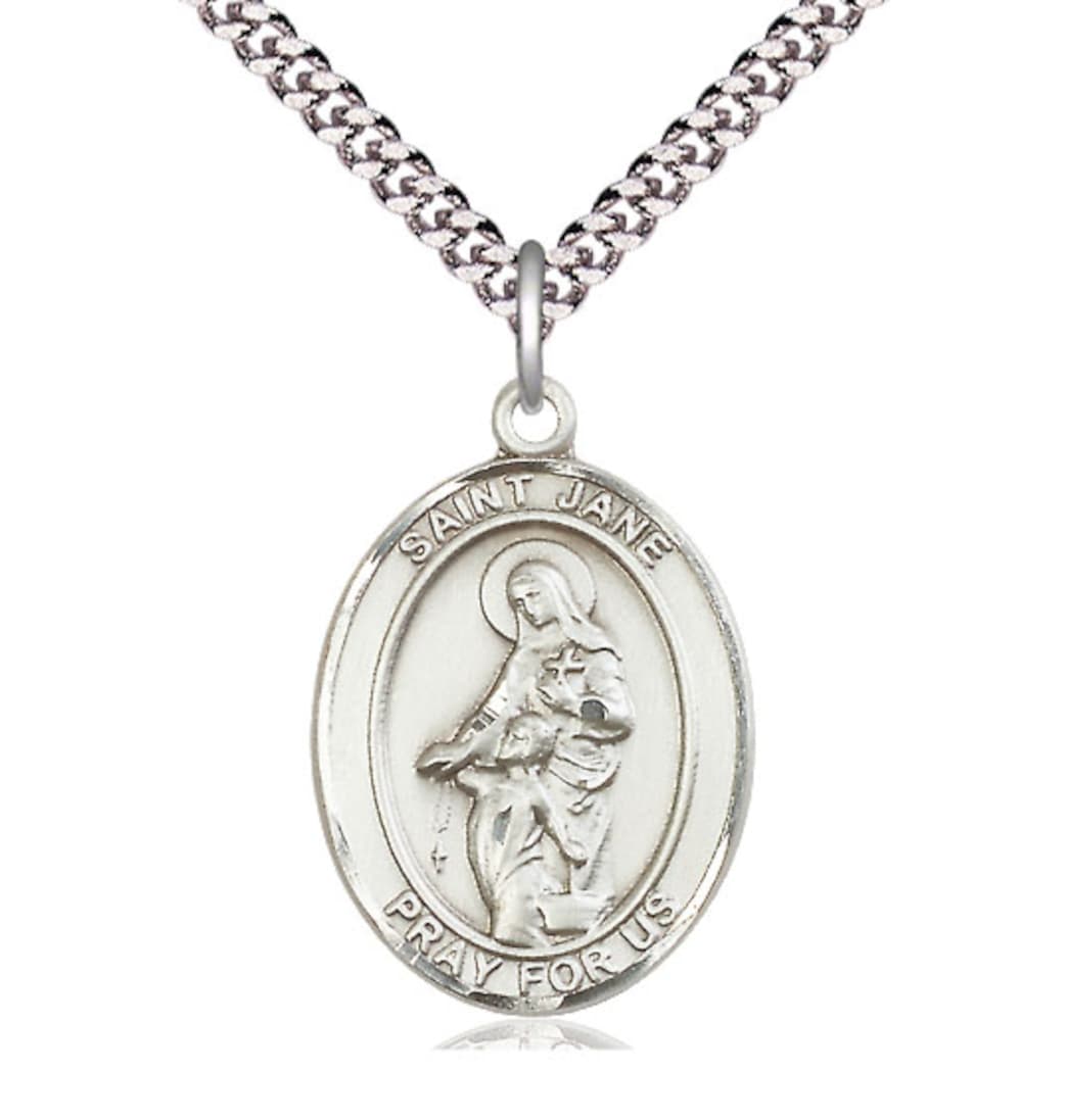 Bliss St Jane of Valois Pewter Oval Large Medal Necklace with 24-in Chain,