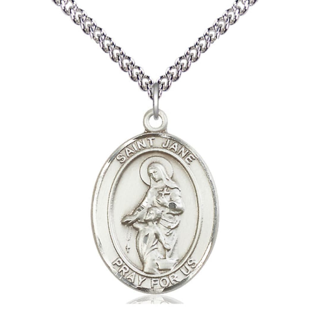 Bliss St Jane of Valois Sterling Silver Oval Large Medal Necklace with Sterling Chain,