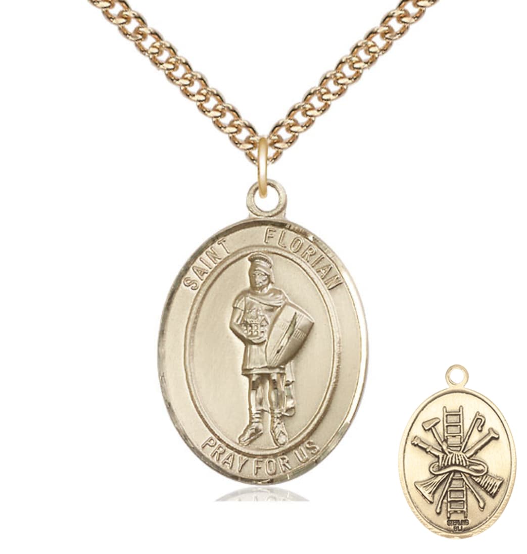 Bliss St Florian w/ Fire Gear on the Back Gold-filled Large Medal Pendant with Gold-filled Chain,