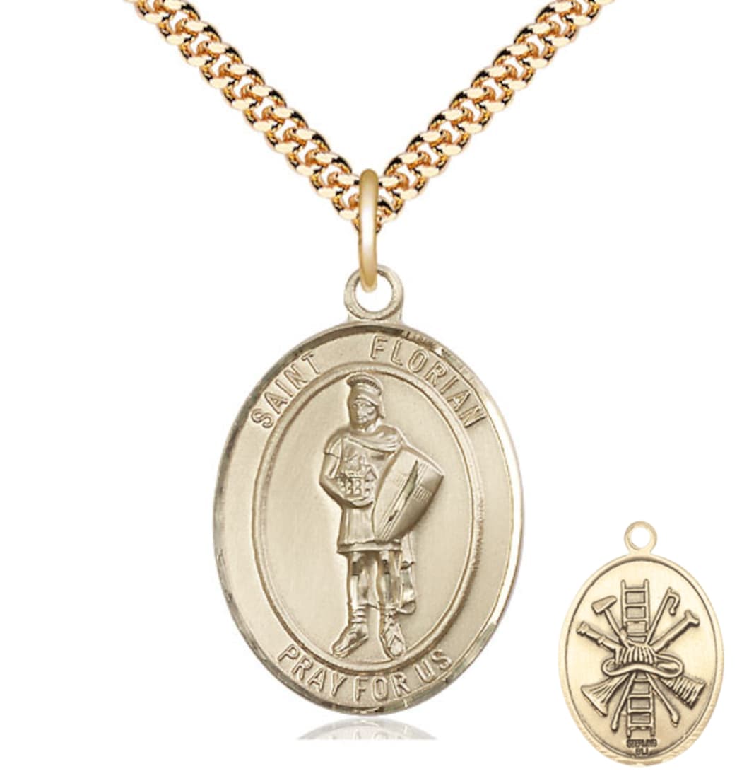 Bliss St Florian w/ Fire Gear on the Back Gold-filled Large Medal Pendant with Plated Chain,