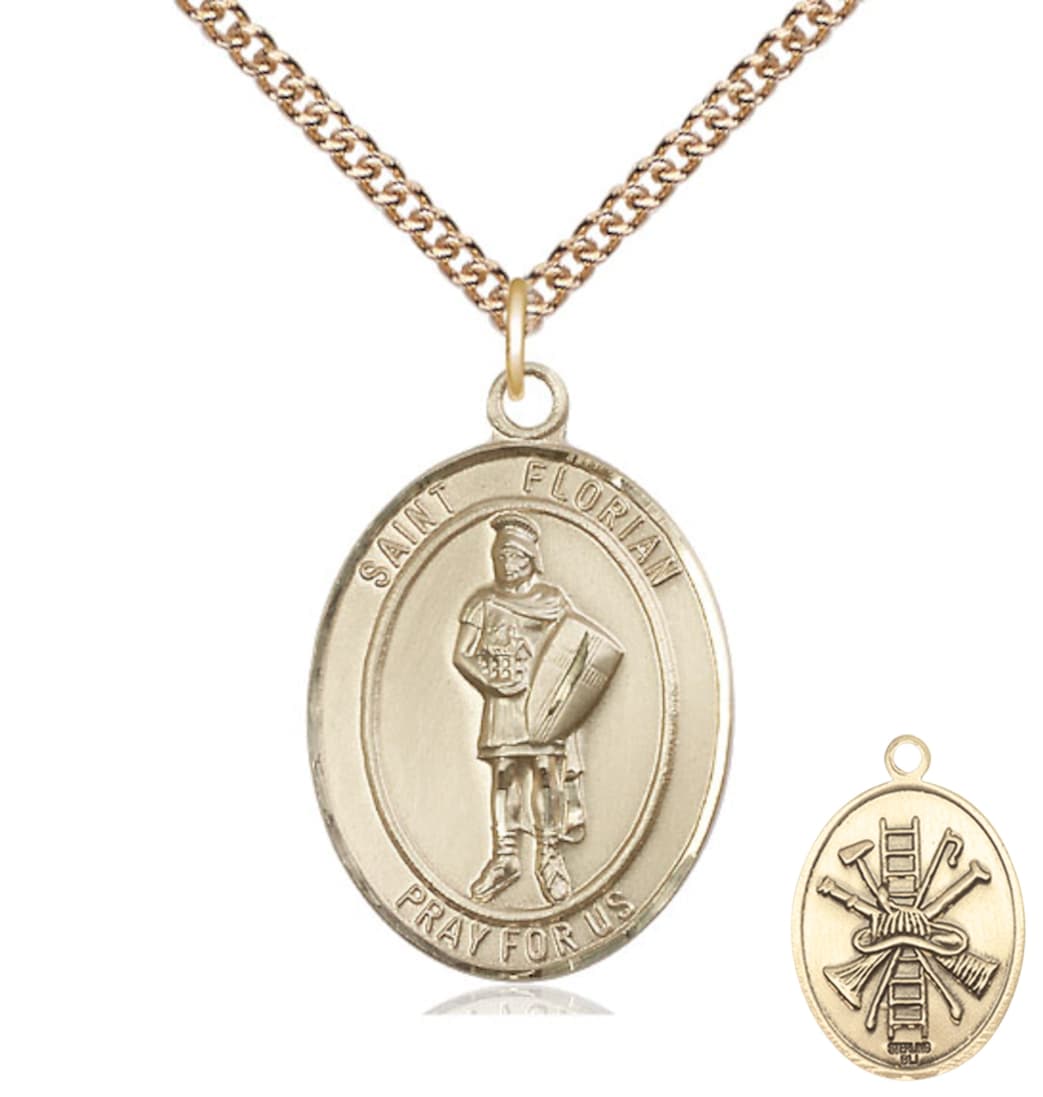 Bliss St Florian w/ Fire Gear on the Back 14kt Gold Large Medal with 14kt Gold Chain,