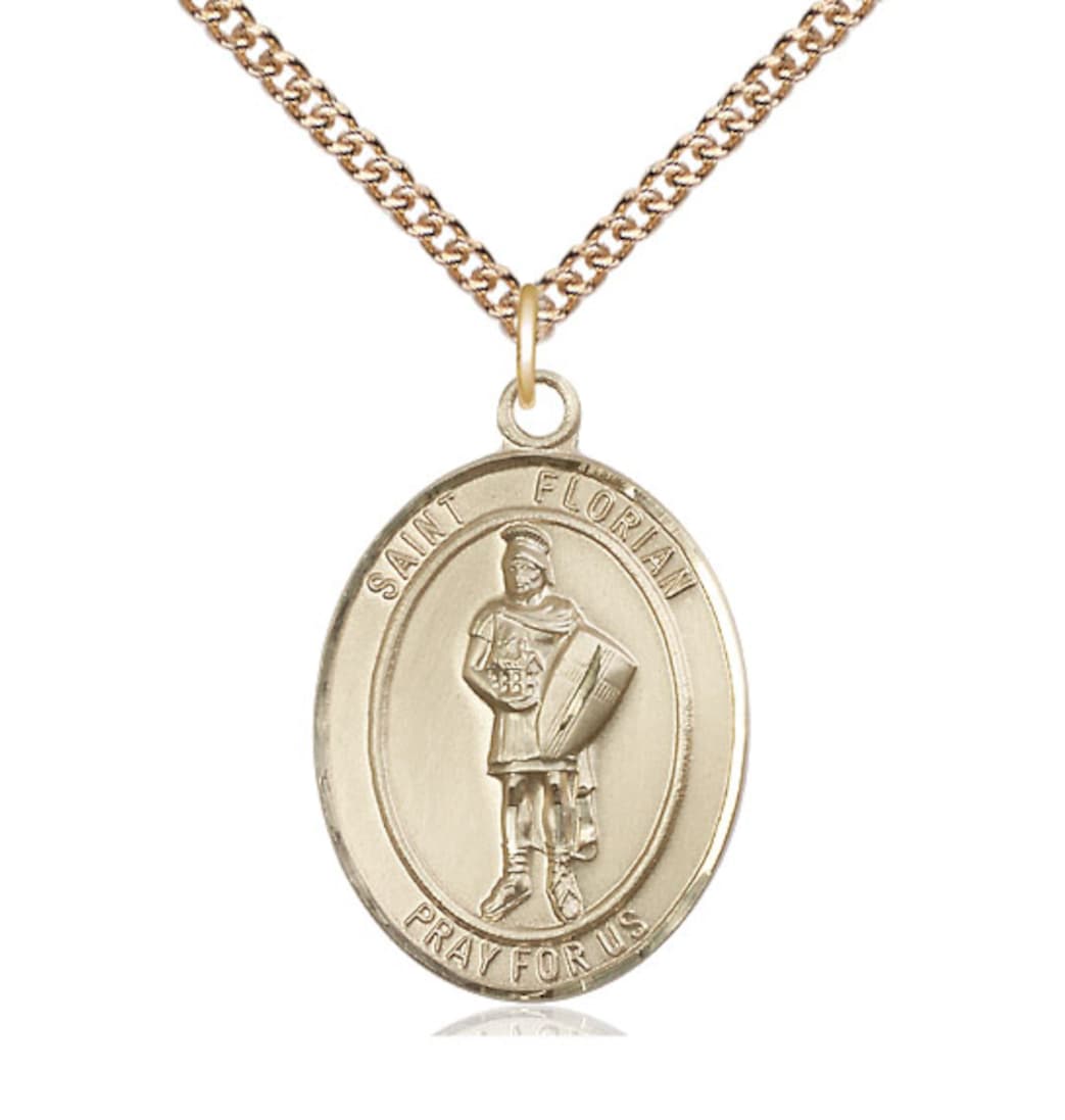 Bliss St Florian 14kt Gold Engravable Oval Large Medal Pendant with 14kt Gold Chain,