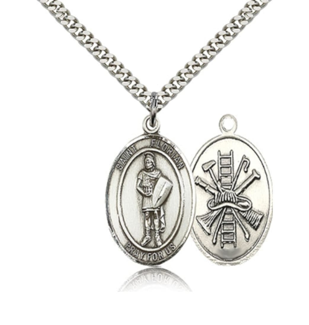 Bliss St Florian w/ Fire Gear on the Back Pewter Medal Necklace