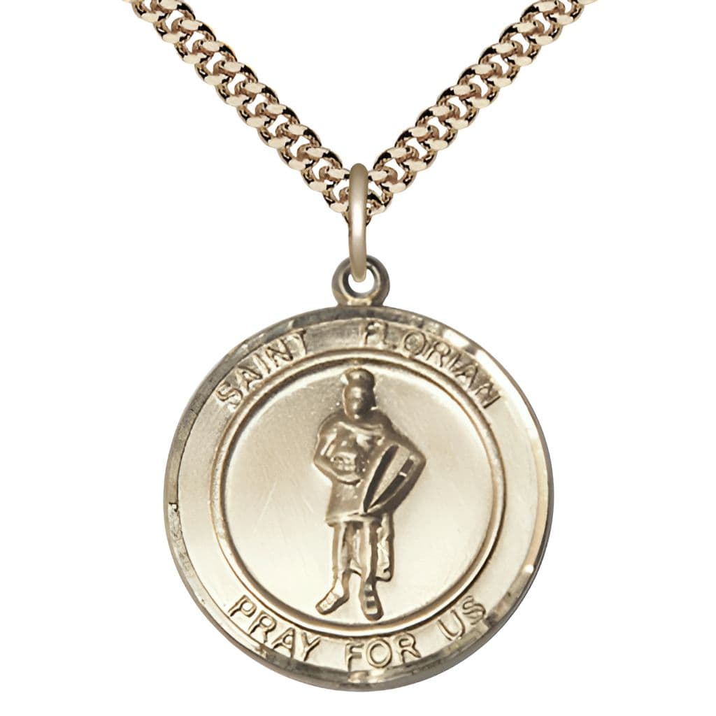 St. Florian Gold-filled Round Medal with Gold-plated Chain, Measures 1-inch tall by 7/8-inch wide, Bliss USA