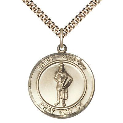 St. Florian Gold-filled Round Medal with Gold-plated Chain, Measures 1-inch tall by 7/8-inch wide, Bliss Manufacturing
