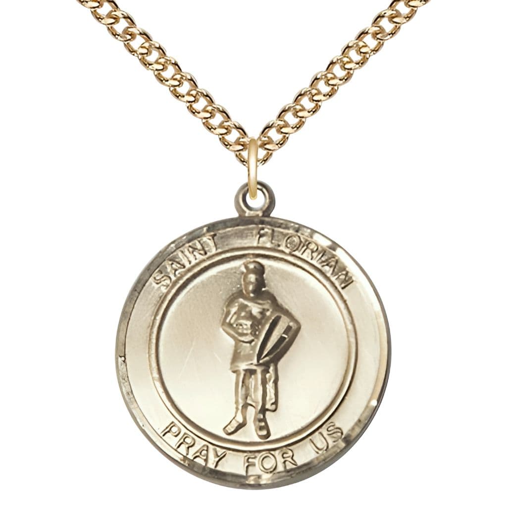St. Florian 14kt Gold-filled Round Medal with Gold-filled Chain, Measures 1-inch tall by 7/8-inch wide, Bliss USA