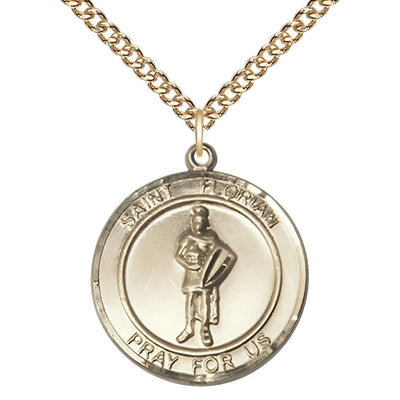 St. Florian 14kt Gold-filled Round Medal with Gold-filled Chain, Measures 1-inch tall by 7/8-inch wide, Bliss Manufacturing