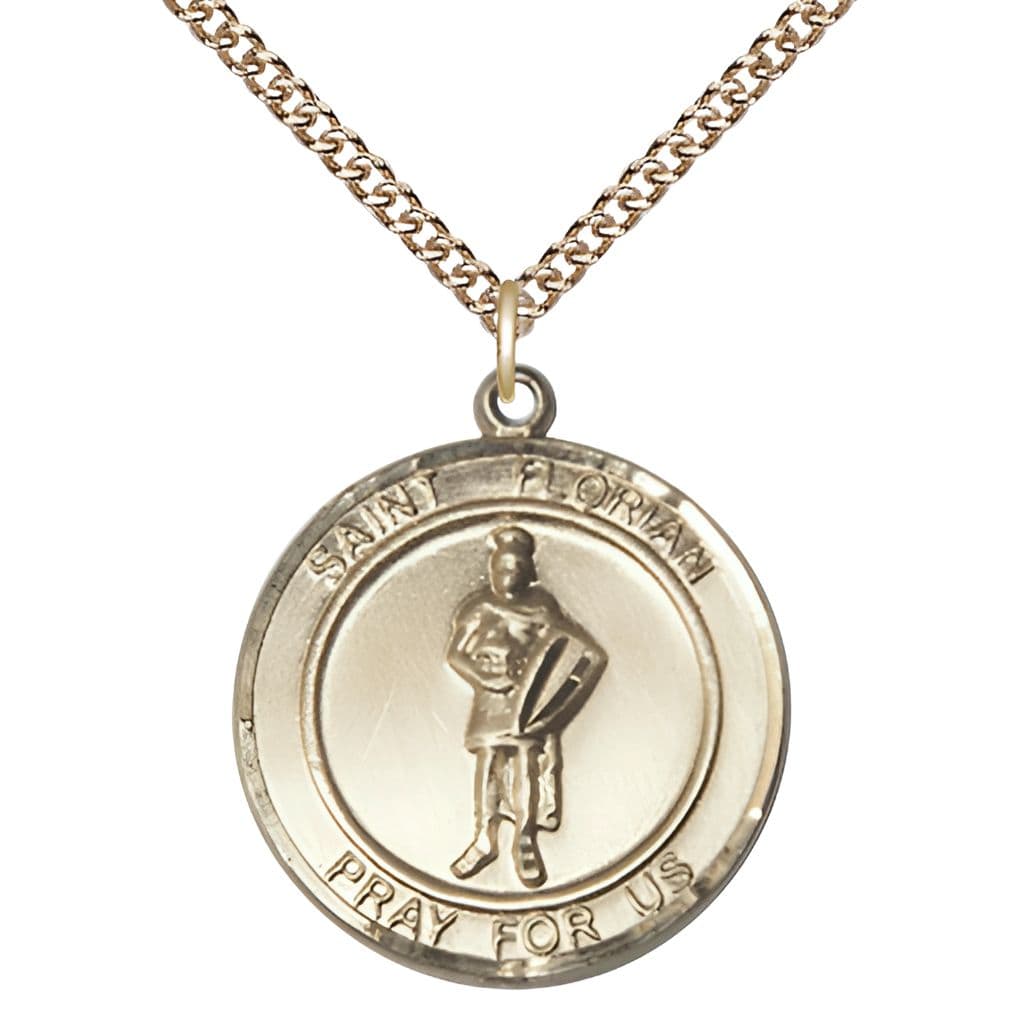 Bliss St. Florian 14kt Gold Round Medal with 14kt Gold Chain, Medal Measures 1-inch tall by 7/8-inch wide