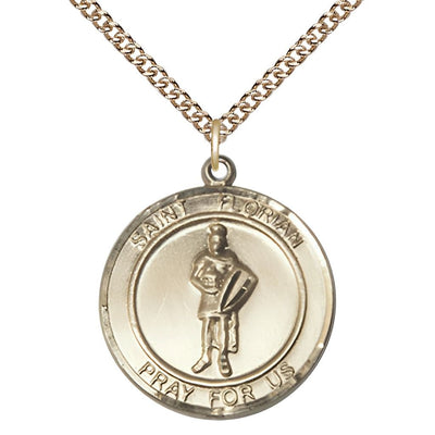 St. Florian 14kt Gold Round Medal with 14kt Gold Chain, Medal Measures 1-inch tall by 7/8-inch wide, Bliss Manufacturing