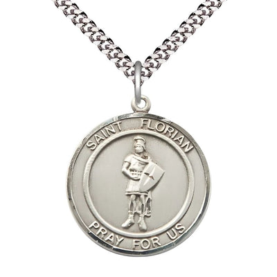 St. Florian Sterling Silver Round Medal with Rhodium-plated Chain, Measures 1-inch tall by 7/8-inch wide, Bliss Manufacturing