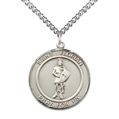 St. Florian Sterling Silver Round Medal with Sterling Silver Chain, Measures 1-inch tall by 7/8-inch wide, Bliss Manufacturing