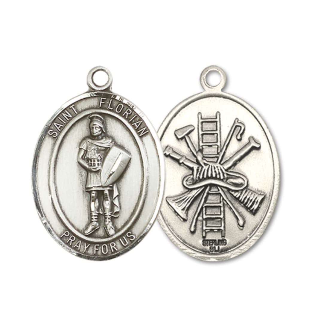 Bliss Large Sterling St Florian Firefighter Medal with Ladder, Hat and Fire Gear on the Back,