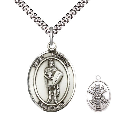 St. Florian firefighter sterling silver medal with plated chain and fire gear, Measures 1-inch tall by 3/4-inch wide, Bliss Manufacturing