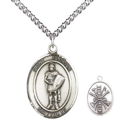 St. Florian firefighter sterling silver medal with sterling chain and fire gear, Measures 1-inch tall by 3/4-inch wide, Bliss Manufacturing